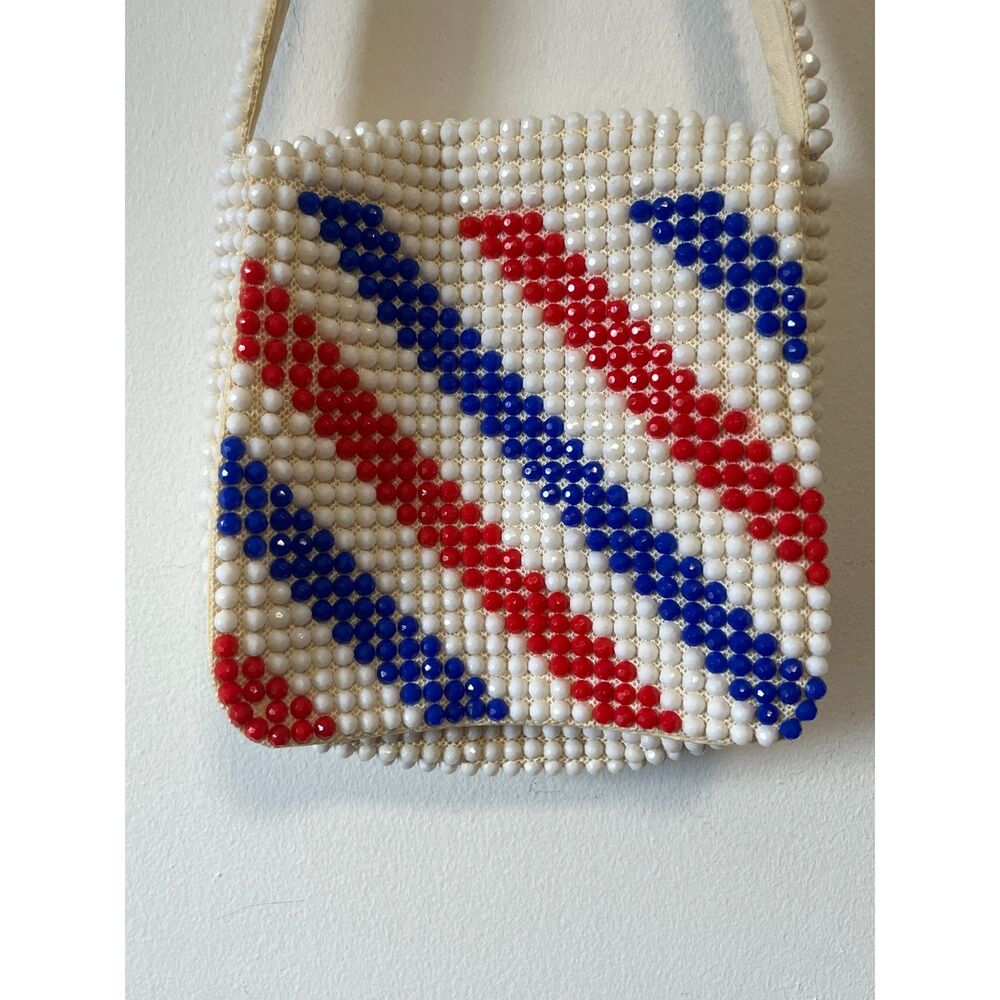 Red White Blue Striped Plastic Beaded 70s Vintage Shoulder Bag Flap - Picture 3 of 5